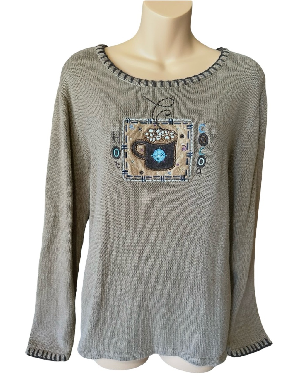 Christopher & Banks XL Hot Cocoa Embroidered Knit Sweater Top Long Sleeve Fall